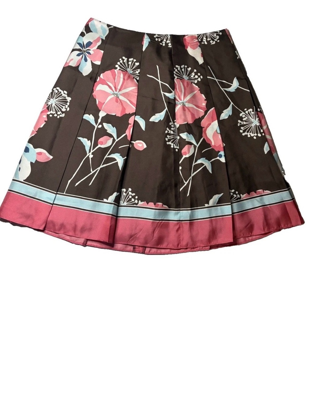 Ann Taylor LOFT 100% Silk Brown Pink Blue Oversized Floral Pleated Skirt Size 4p